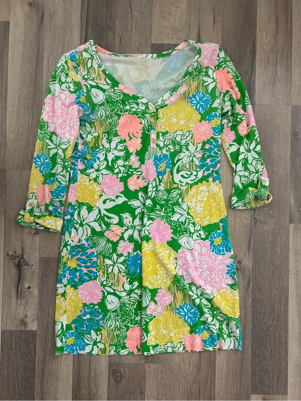 Lilly Pulitzer Green Floral Cotton Dress with Pink, Yellow & Blue Blooms